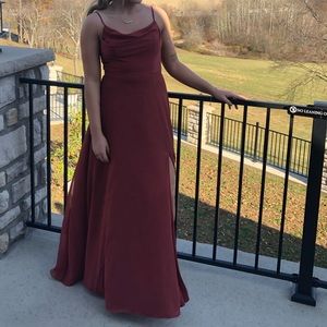 David’s Bridal cowl neck chiffon bridesmaid dress with slit

STYLE# F20235